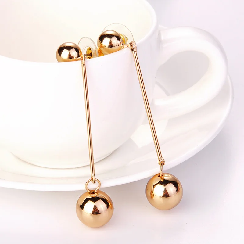 Fashion Silvery Golden Party Big Round Ball Metal Beads Unique Exquisite Hanging Long Drop Earrings