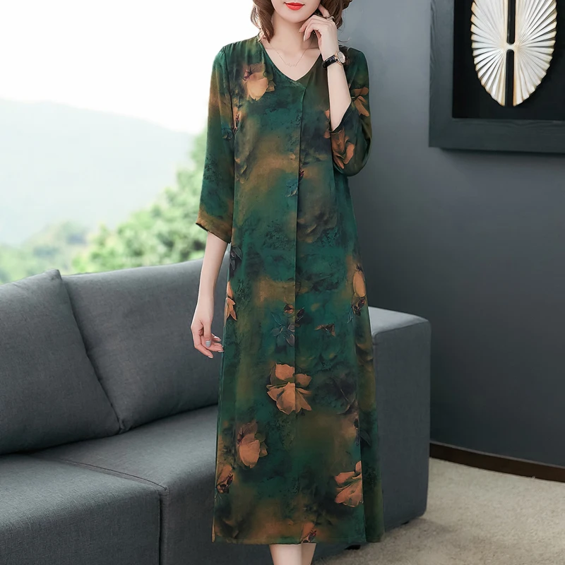 

Green Silk Dress 2019 Summer Plus Size Large for Women High Quality Print Floral Loose Midi Party Night Female Elegant Clothing