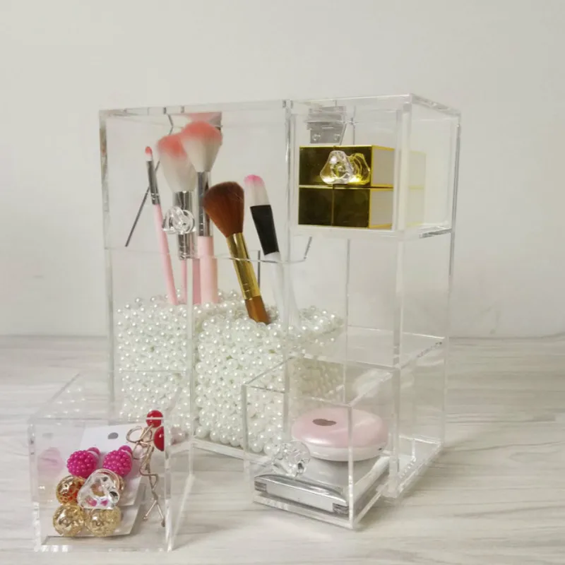 Акриловый Органайзер для кистей для макияжа с 3 ящиками для ватных дисков/косметический блендер, коробка для хранения косметики, Органайзер
