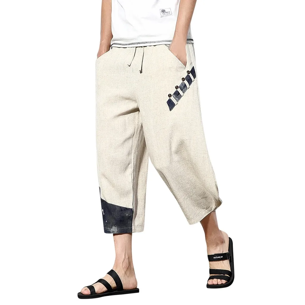 WOMAIL Sumer Модные мужские повседневные тонкие спортивные брюки длиной до икры льняные широкие брюки шаровары бежевые брюки W30425