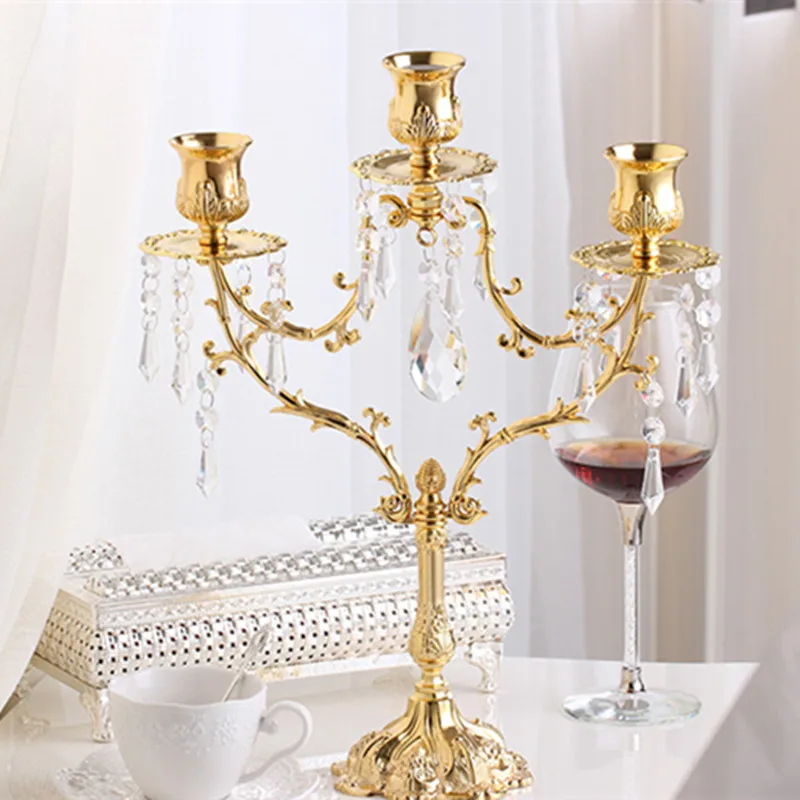 

Hot sale 3 arm Iron art Crystal Candlestick Creative Table Decoration candelabros wedding centerpieces Candle Holders