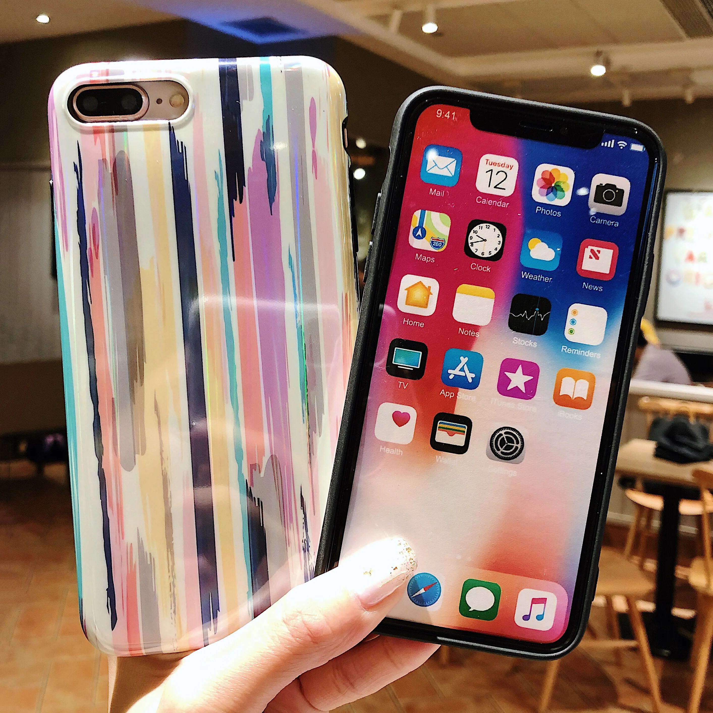 KIP7P1204_2_Aurora Laser Crayon Rainbow Case for iPhone 7 8 Glossy Soft Silicone Case For iPhone X XS 6S 7P 8 Plus Phone Cover