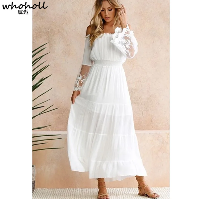 

WHOHOLL Summer Sundress Women White Beach Dress Strapless Long Sleeve Loose Sexy Off Shoulder Lace Boho Chiffon Maxi Dress