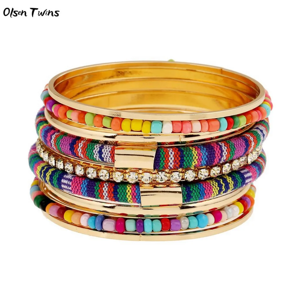 

Olsen Twins Bohemian Colorful Seed Bead Cloth DIY Indian Bangle Set of 9 Pieces Dropshipping Wholesale