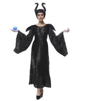 

Movie Maleficent Costume Adult Women Halloween Witch Cosplay Fairy Tale Sleeping Beauty Curse Witchcraft Black Dress Horns