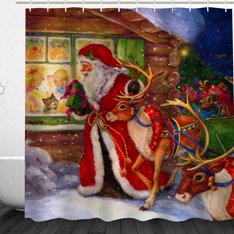 

180x180cm New Year Gift Christmas Shower Curtains Bathroom Santa Claus Is Coming Xmas Tree Snowflakes Shower Curtains