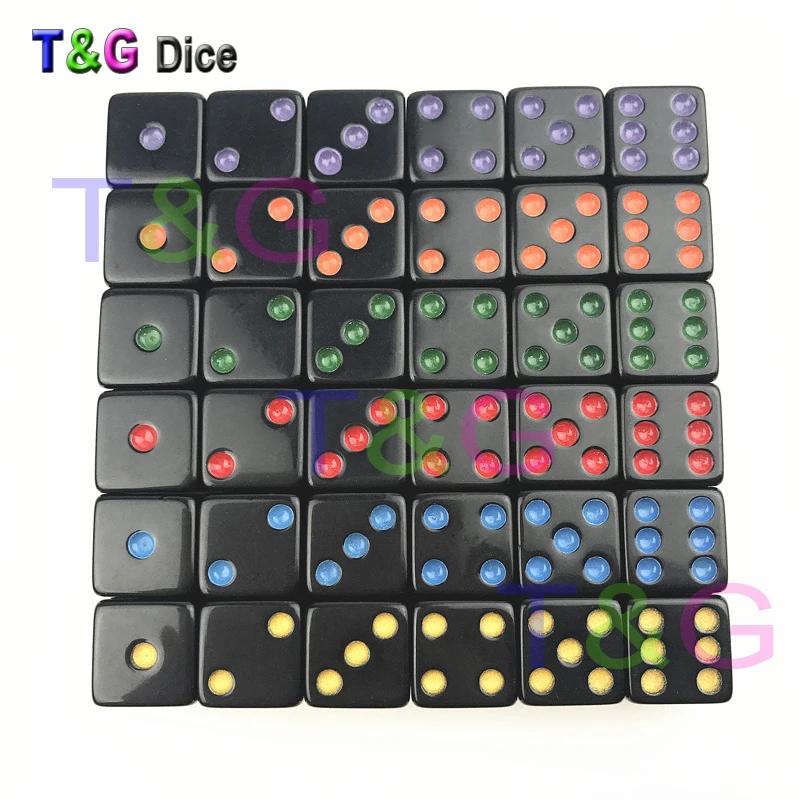 

16mm D6 Dice Set 6pcs/Set Black with Colorful Dots of Six Sided Tabletop Game Gambling Entertainment Party As Gift