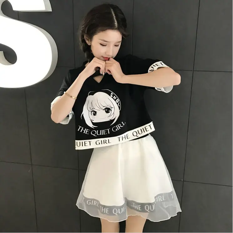 Japanese Soft Sister BF Style Summer Cartoon Naughty Two Piece Suit Black Short Sleeve Print Tops And High Waist Of  Mini Skirt 4