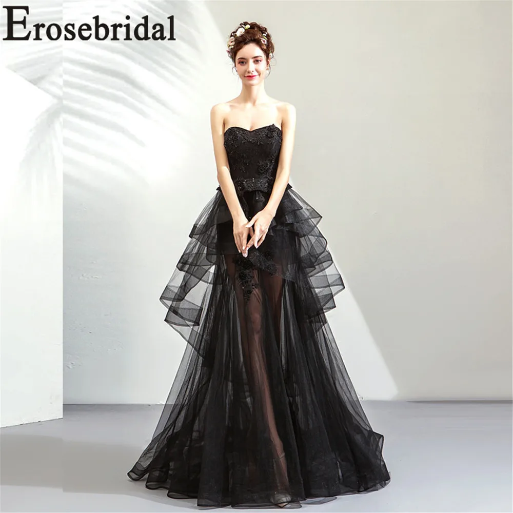 Женское длинное вечернее платье Erosebridal черное трапециевидной формы из фатина с
