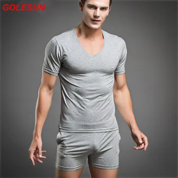 

Men underwear v-neck T-shirt short-sleeve cotton fashion male home lounge t-shirt set vest and boxer