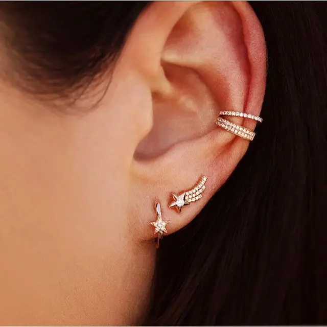 

Fine 925 sterling silver Gold color star cz paved wing feather shape stud earrings for women fashion elegant Bridal Jewelry gift