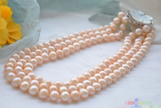 

HOT## Wholesale FREE SHIPPING >>>P4292 3row 19" 10mm pink round FRESHWATER CULTURED pearl necklace