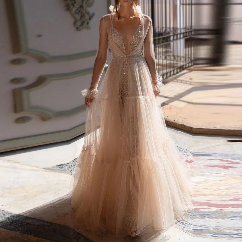 

Women Perspective Maxi Long Dress Formal Wedding Party Evening Bridal Prom Gown