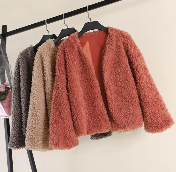 De Ladies Chaude Automne Lâche Laine Noir Fille Courte apricot Agneau Tout Veste rouge Femmes Style Manteau Nouvelles gris Hiver Point blanc Open allumette Coréen Manteaux 6qPT6F