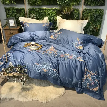 

Blue White Gray Luxury 100S Egyptian Cotton Royal Embroidery Palace Bedding set Duvet cover Bed sheet Bed Linen Pillowcases 4pcs