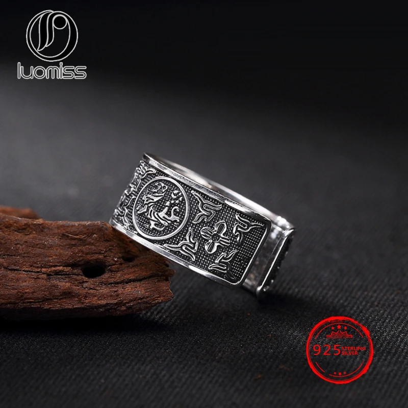 

S990 Sterling Silver Ring Buddhist Six Words Mantra The Mythical Wild Animal Open Ring