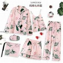 Модный пижамный комплект для женщин, сексуальные топы с длинными рукавами, шорты, 7 штук, домашняя одежда, Женская свежая ночная рубашка с цветочным узором, костюм