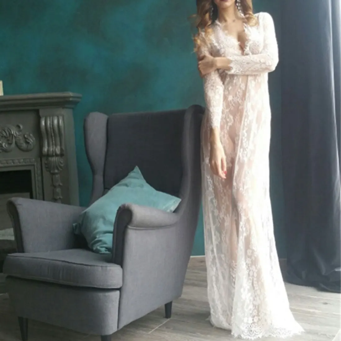 

JIMMYHANK Women Fashion Sexy See Through Transparent Dress Deep V Neck Long Sleeve Floor Length Lace Gown Dress