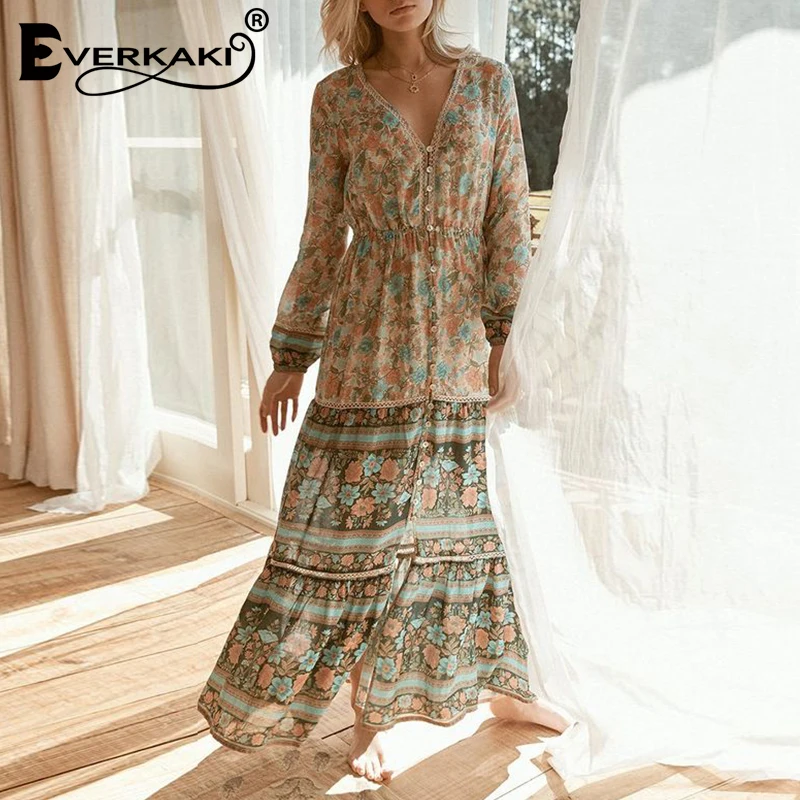 

Everkaki Floral Printed Boho Long Sleeve Dress Women Bohemian Gypsy Pattern Maxi Dress Split Party Women Long Dress 2019 Autumn