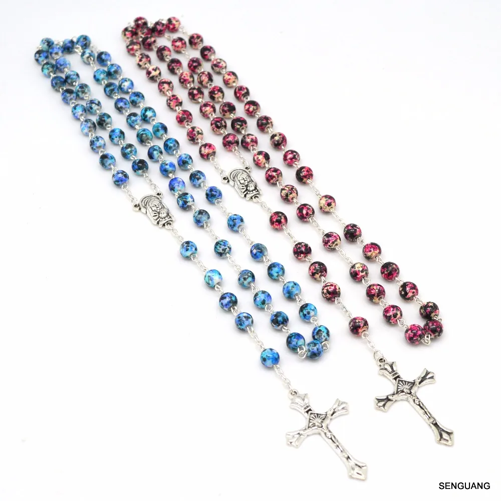 catholic Madonna glass cloisonne enamel beaded rosary, religious