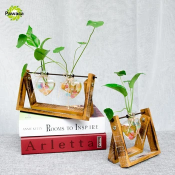 

Vintage Style Glass Tabletop Plant Bonsai Flower Wedding Decorative Vase With Wooden Base Craft Tray Home Decoration Ornaments