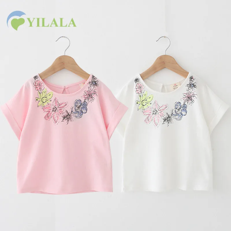 Flower Girls T Shirt Casual Print Girls Shirts Cotton Solid Children T