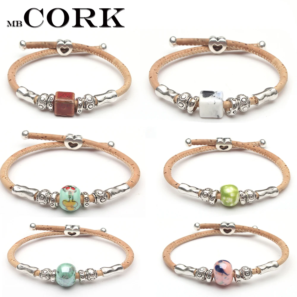 Natural cork Colored ceramic beads bracelet original handmade women