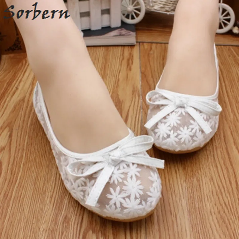 

Sorbern White/Blue Summer Wedding Shoes Mesh Flower Flat Heels Woman'S Footwear White Shoe Of Mariee Comfortable Bridal Flats