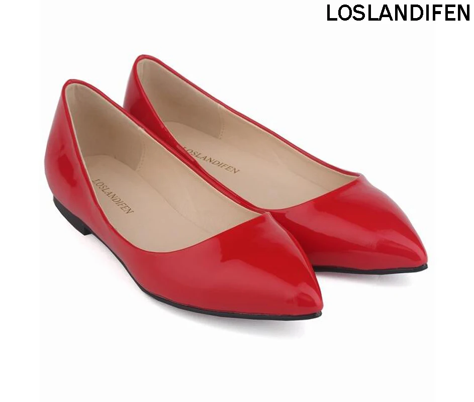 

Loslandifen Large Women Handcrafted Patent Leather Shoes Pointed Toe Simple Casual Slip-on Summer Flats Shoes LS020-2