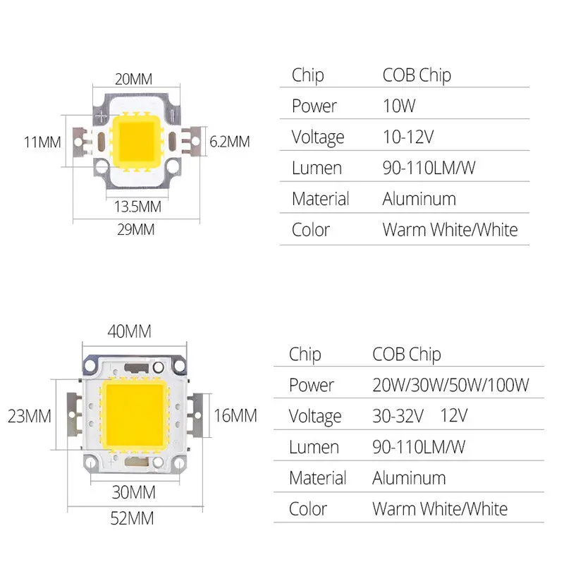 Белый/теплый белый 10 Вт 50 Вт 100 Вт чип со светодиодной подсветкой DC 12 В/36 В интегрированный в COB светодиодный светильник