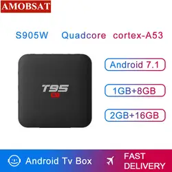 T95 S1 Google Voice Управление Smart Android 7,1 ТВ Box 2 Гб оперативной памяти 16 Гб ПЗУ Amlogic S905w 1080 p 4 K H.265 2,4 ГГц Wi-Fi передатчик для интернет-телевидения коробка