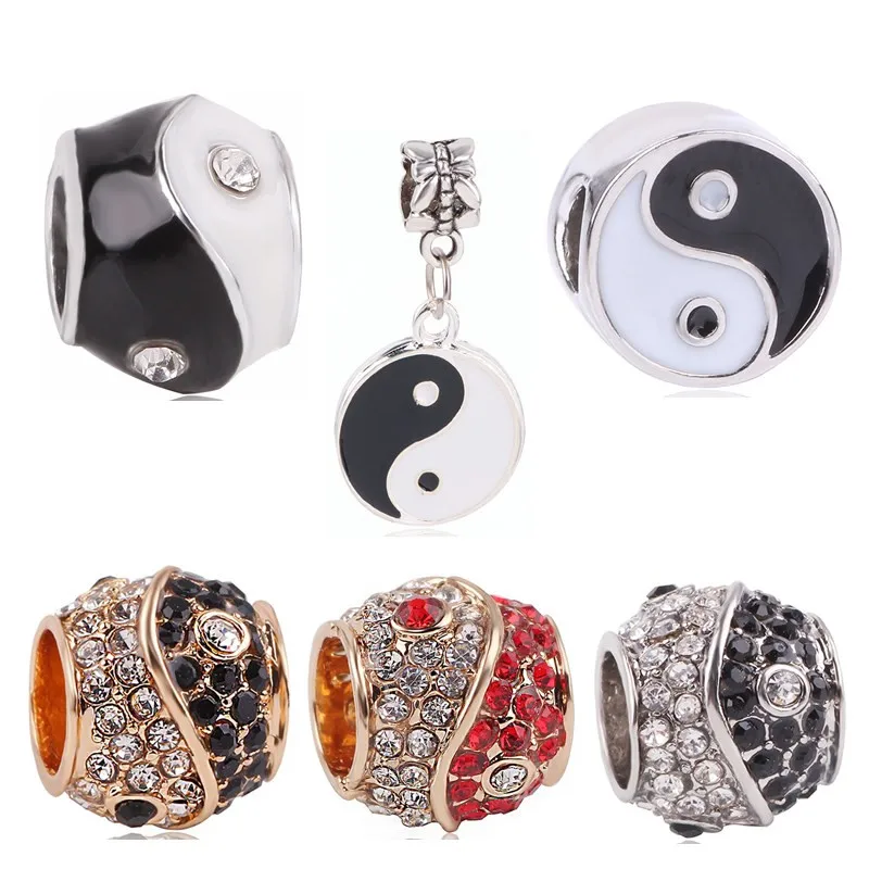 

dodochamrs Silver Color Yin Yang Big Hole Crystal Beads Rhinestone Charms Fit Pandora Bracelet Necklace Women Jewelry
