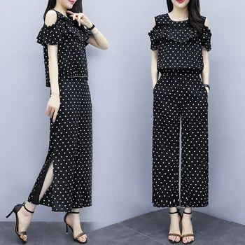 

2019 Summer Korean Off Shoulder Outfit Woman Black Wide Leg Pants 2 Set Woman Loose Chiffon Ruffle Clothes Office Clothes Sets
