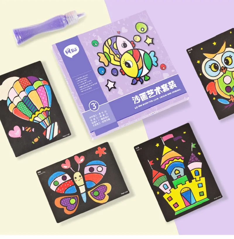 Online 24 stücke sand kunst papier mit 12 farben flasche sand für kinder zeichnung spielzeug Kinder cartoon sand malerei für kindergarten kunst handwerk