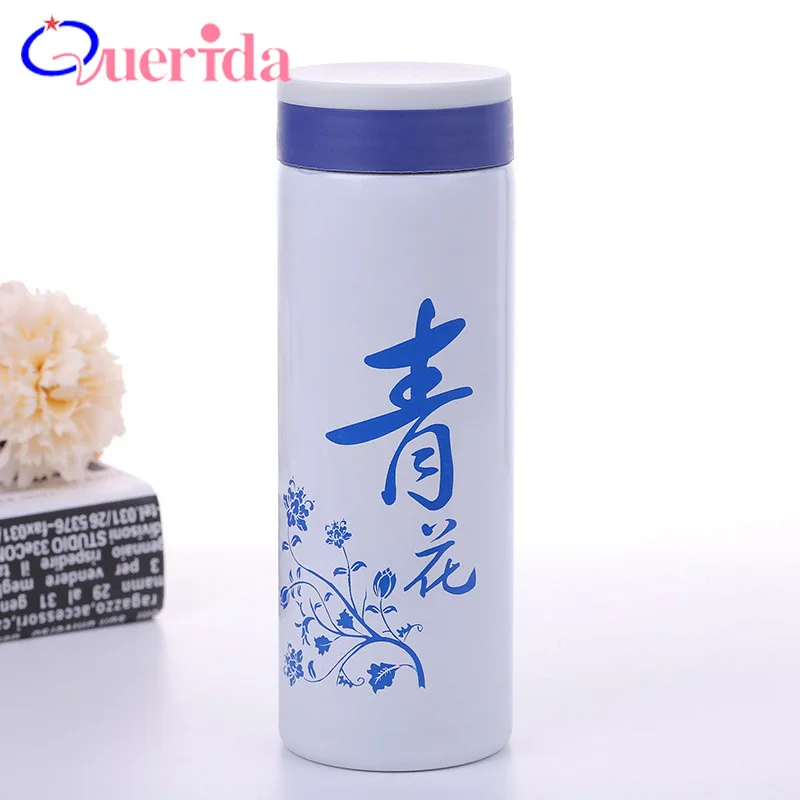 Chinese Style Cyan Flower Porcelain Cup Ceramic Flask Thermos Stainless