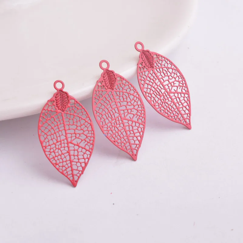 Set of 50 Painted Brass Leaf Charms - Elegant Filigree Pendants