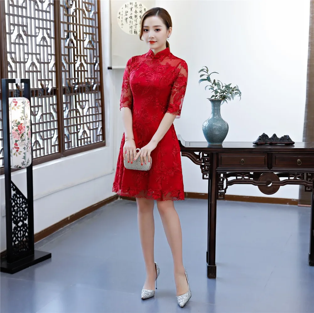 Шанхай история цветок вышивка Cheongsam платья Красные кружевные Qipao для Для женщин традиционное китайское платье свадебное платье