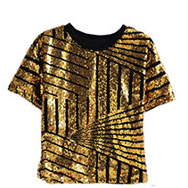 gold T-shirt Детская одежда в стиле хип-хоп с блестками; Одежда для девочек и мальчиков; рубашка и шорты; костюм для джазовых танцев; одежда для бальных танцев; уличная одежда - Цвет: gold T-shirt