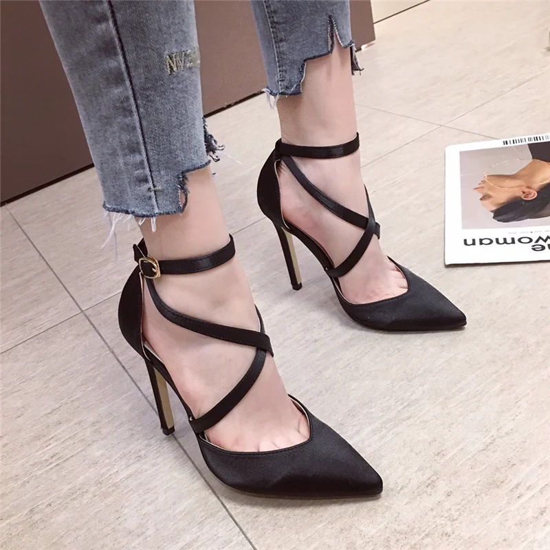 

2019 Women 12cm High Heels Red Black Pink Sandals Elegant Slides Casual Thin Heels Slip-on Daily Chic Dress Valentine Prom Shoes