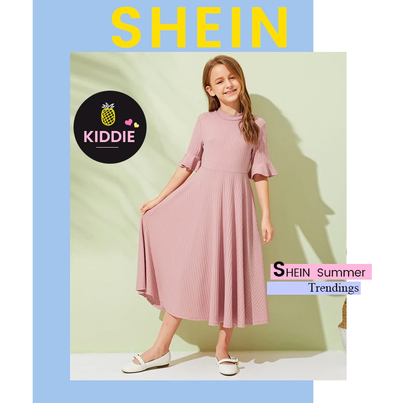 SHEIN Kiddie/красное однотонное расклешенное платье с оборками, трапециевидной формы, с поясом, летнее праздничное платье, рукав-волан, с пуговицами на спине, платья-миди для девочек