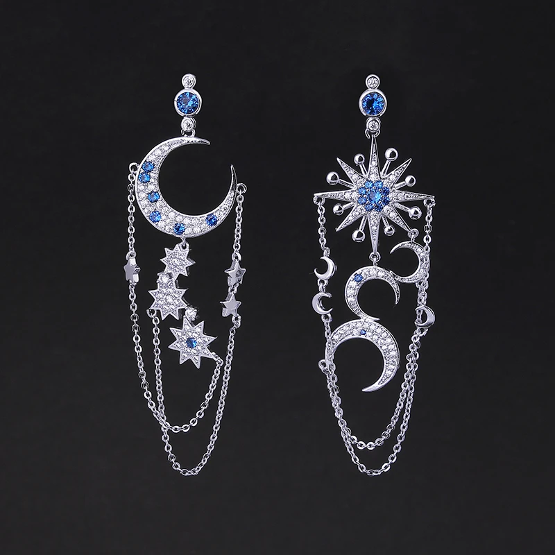 

XIUMEIYIZU Vintage Asymmetrical Women's Star Sun Moon Charm Cubic Zirconia Long Dangle Drop Earrings