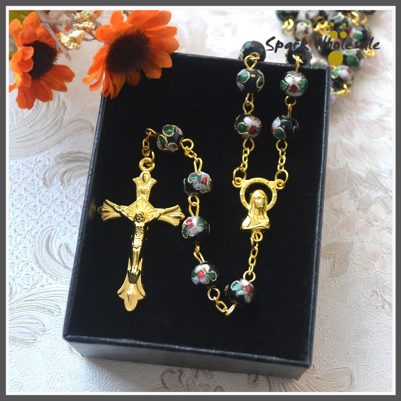 

Gift Box! Catholic Gold Black Cloisonne Rosary Religious Cross Virgin Mary Center Rosary Women's Wedding Rosary Necklace