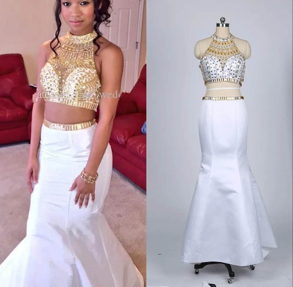 white and gold 2 piece prom dress