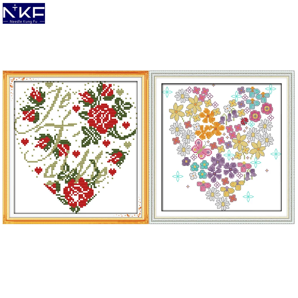 

NKF Heart-shaped Flowers Stamped Cross Stitch Kits 11ct 14ct Embroidery Set Chrinese Counted Cross Stitch Pattern for Home Decor