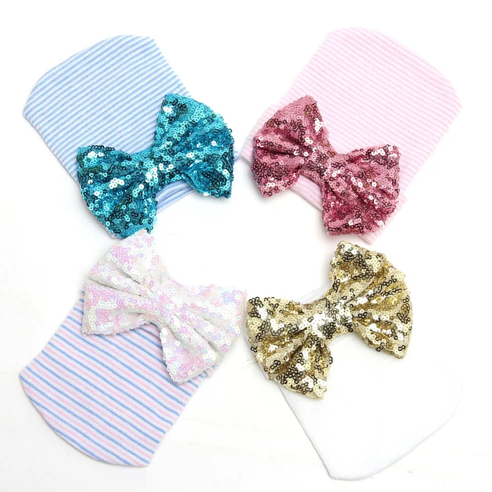

2019 Boys and Girls Explosion Models Baby Sequins Bow Hats tire hats striped models knitted Europe and America Christmas Baby gi