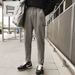 2018 корейский стиль Мужская Мода черный и белый Цвет решетки печати Повседневное брюки эластичный пояс Брендовые брюки Размеры M-2XL