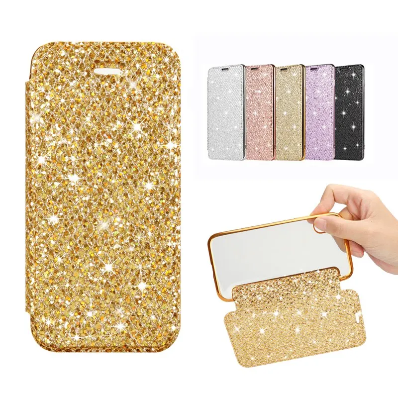 

Bling Glitter Slim Leather TPU Flip Wallet Case for iPhone X 8 8Plus 7 6 6S Plus 5 5S SE Case for XS Max XR Clear Back Soft Case