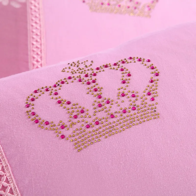 Best Pink flowers jacquard Princess Style bedding set 4pcs Lace Ruffles duvet cover bedspread bed sheet bedclothes king queen size 35