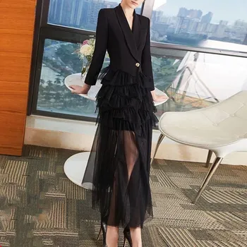

Hot Sale Fashion 2019 Spring Mesh Stitching Turn-Down Collar White Dress Long Sleeve Ruffled Pleated Mid Long Black Dress