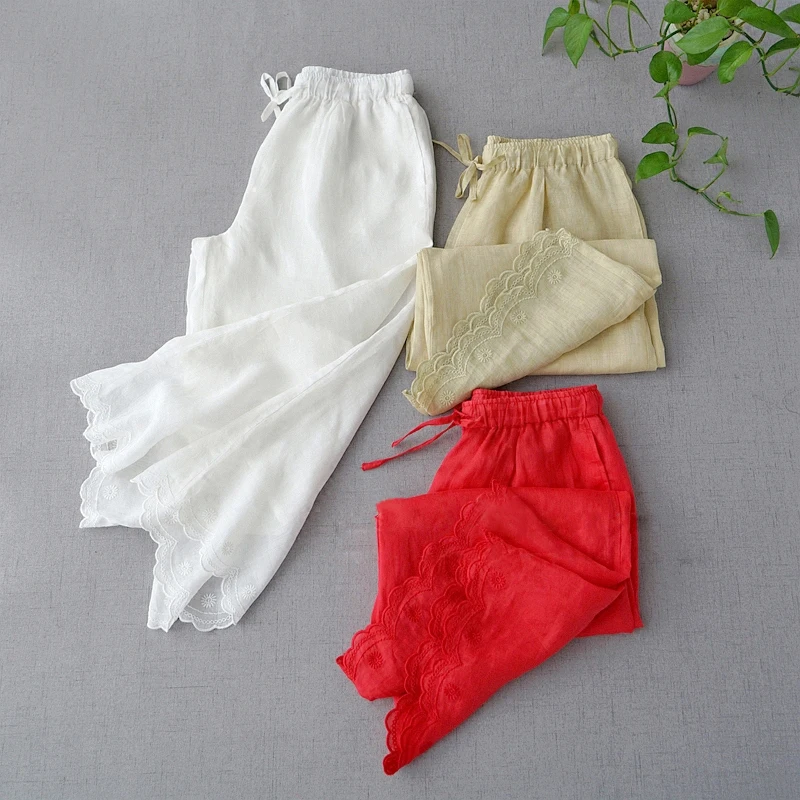 

Spring Summer Women All-match Loose Plus Size Japanese Style Mori Girls Brief Thin Ramie Trousers Elastic Waist Wide Leg Pants